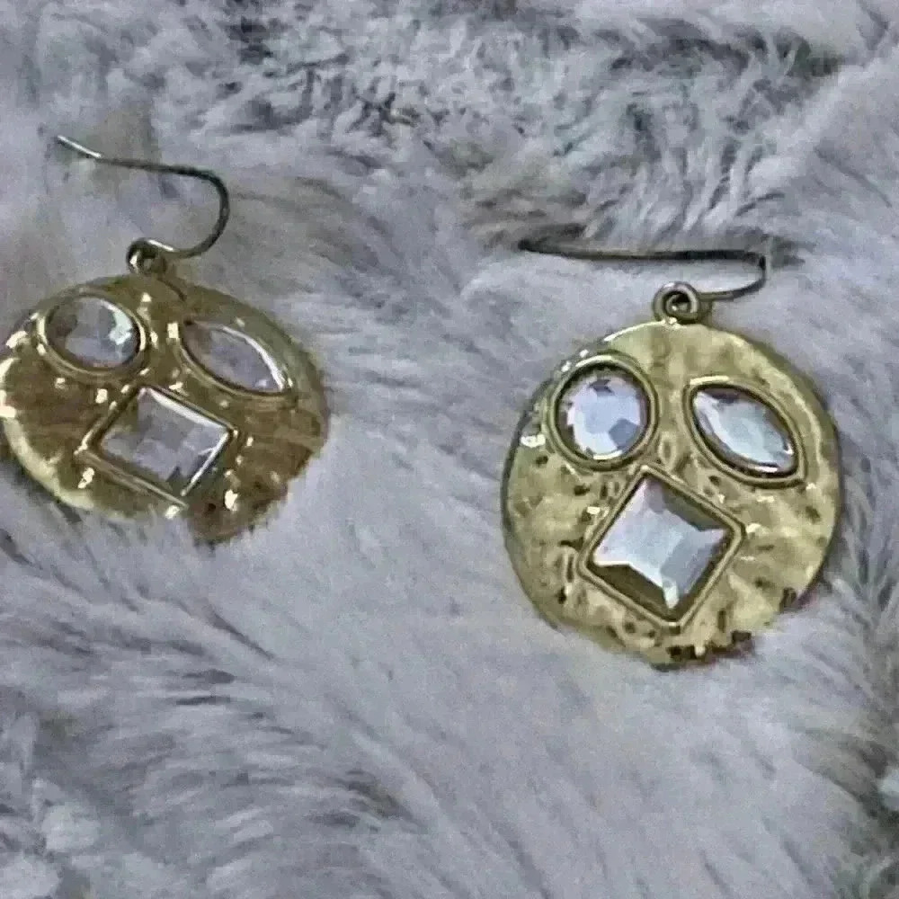 Gold Tone Geometric Gemstone Dangle Earrings Statement Jewelry - Picture 2 of 2